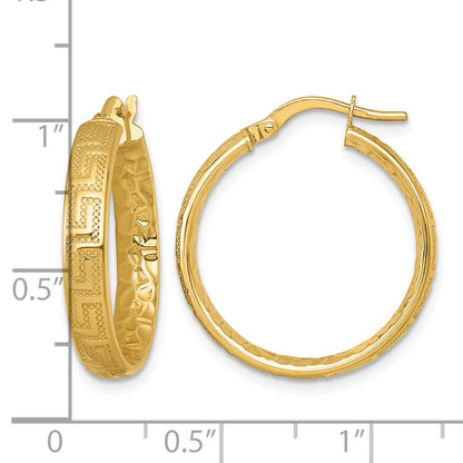 Polished Textured 4mm Greek Key Textured Inside Hinged Hoop Earrings - 2.02g