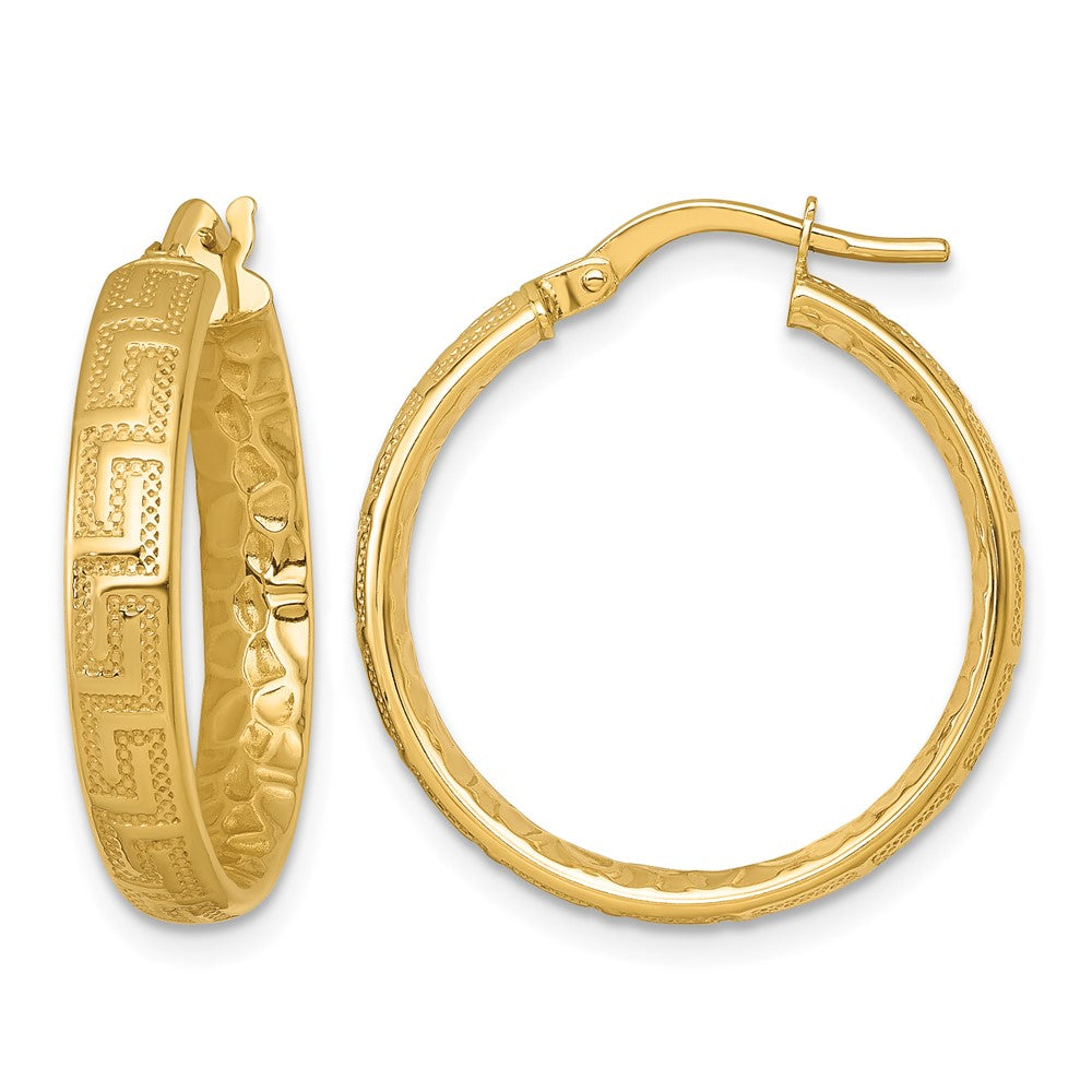 Polished Textured 4mm Greek Key Textured Inside Hinged Hoop Earrings - 2.02g