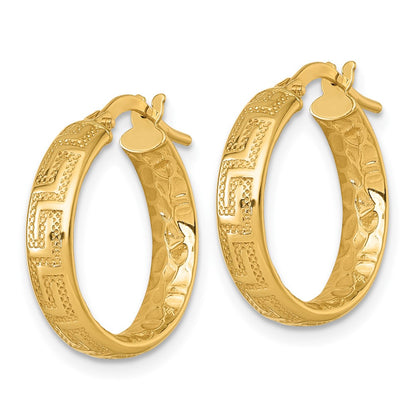Polished Textured 4mm Greek Key Textured Inside Hinged Hoop Earrings - 1.59g