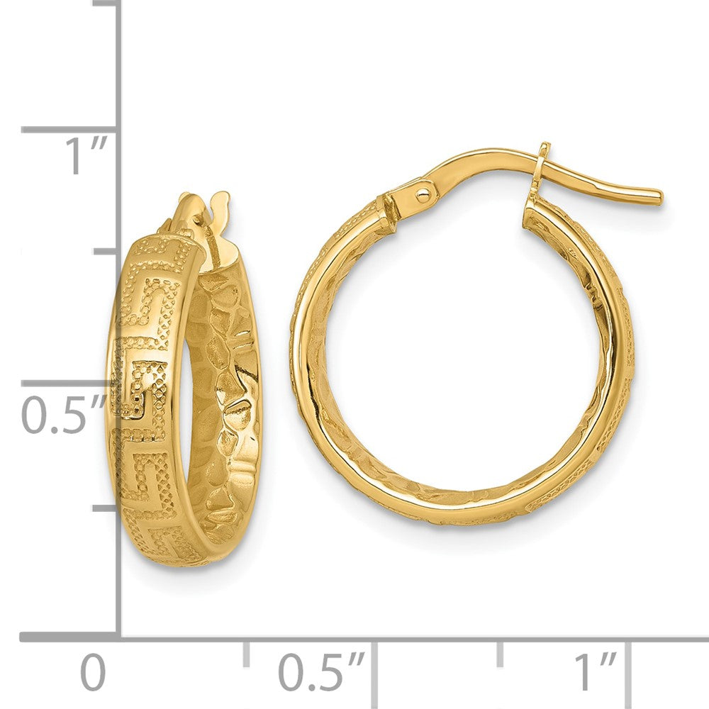Polished Textured 4mm Greek Key Textured Inside Hinged Hoop Earrings - 1.59g