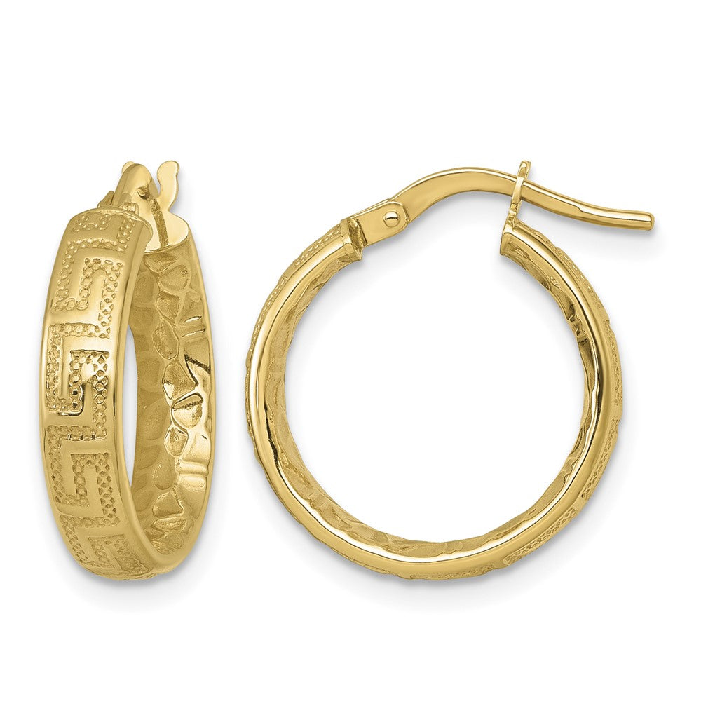Polished Textured 4mm Greek Key Textured Inside Hinged Hoop Earrings - 1.59g