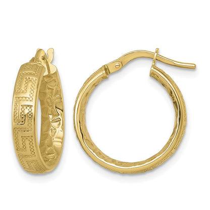 Polished Textured 4mm Greek Key Textured Inside Hinged Hoop Earrings - 1.59g