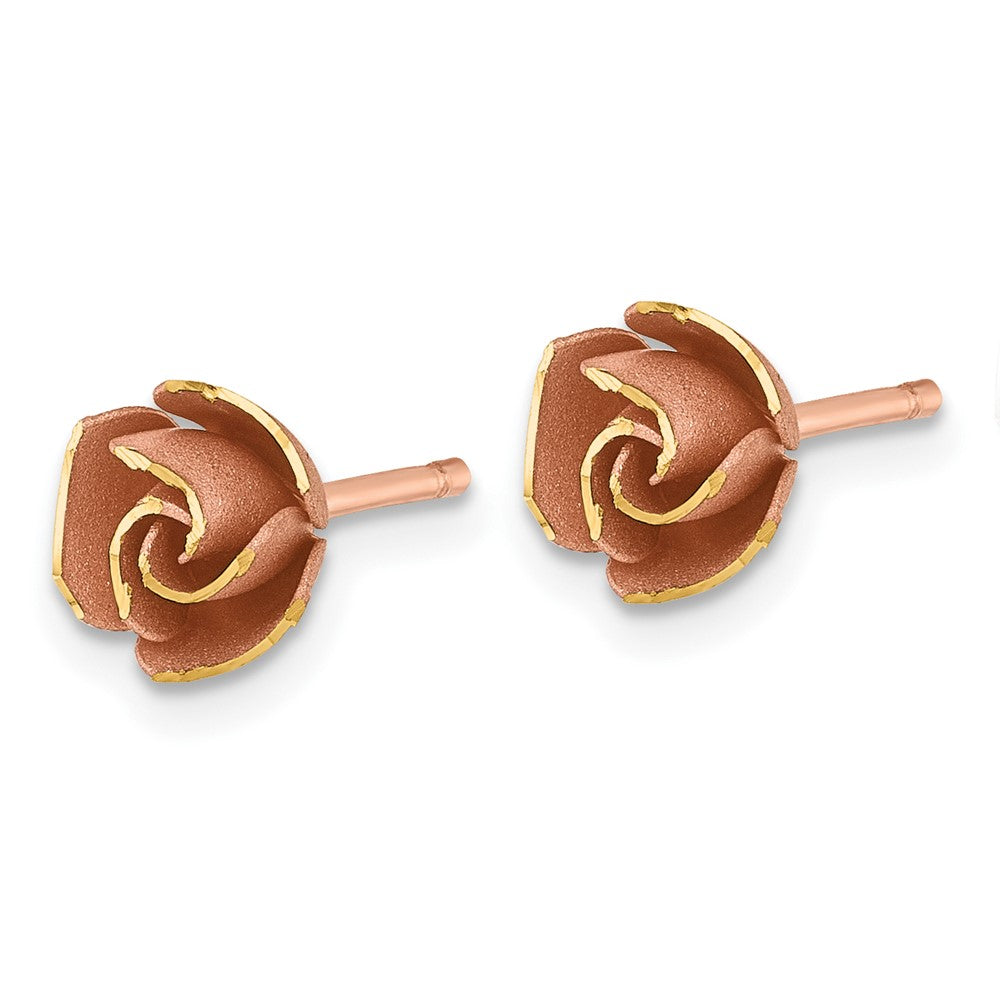 Brushed Rose Flower Earrings - Yellow Gold with Rhodium