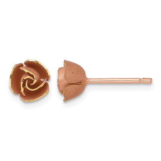 Brushed Rose Flower Earrings - Yellow Gold with Rhodium