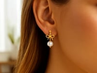 14K Yellow Gold Bow and Freshwater Pearl Drop Earrings